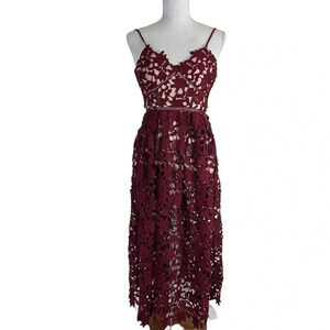 Aqua Red Maroon Lace Dress XS Midi Length Spaghetti Strap V Neck Cocktail Formal